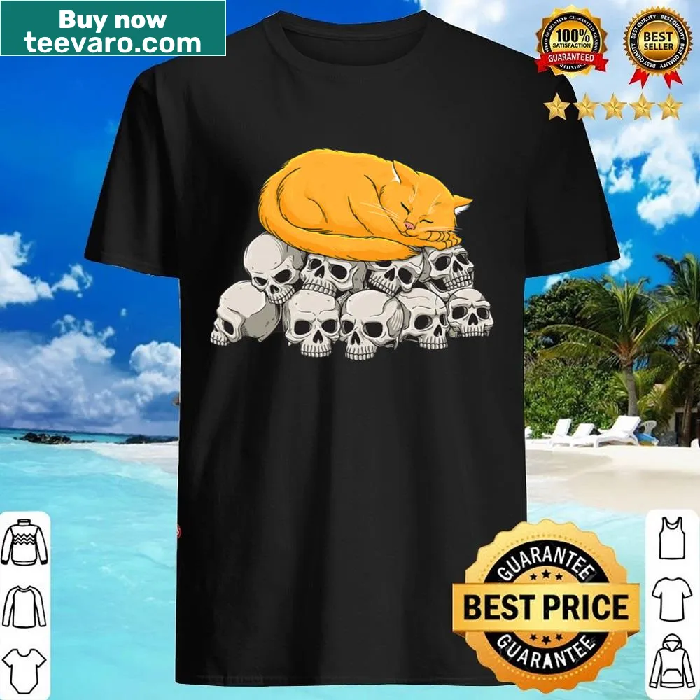 Halloween shirt with a funny cat skull and kitten graphic.