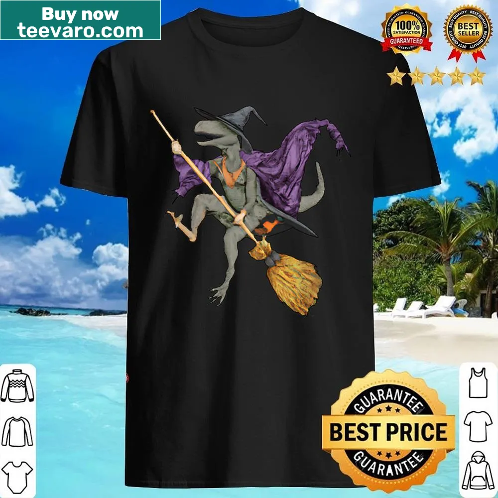T-Rex in witch costume with broom for Halloween shirt