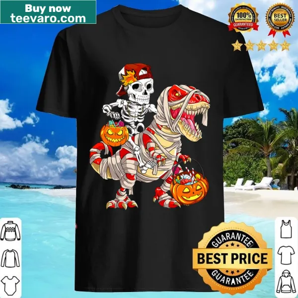 Shirt with humorous skeleton riding dinosaur and pumpkin design