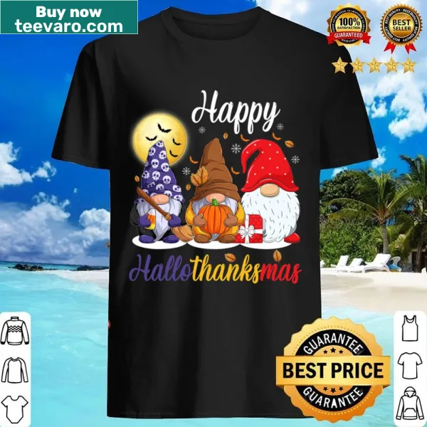 Whimsical shirt featuring gnomes and the phrase Happy Hallothanksmas