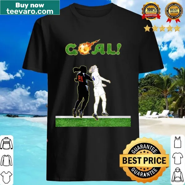 Illustrative graphic shirt for soccer girls featuring athletic themes.