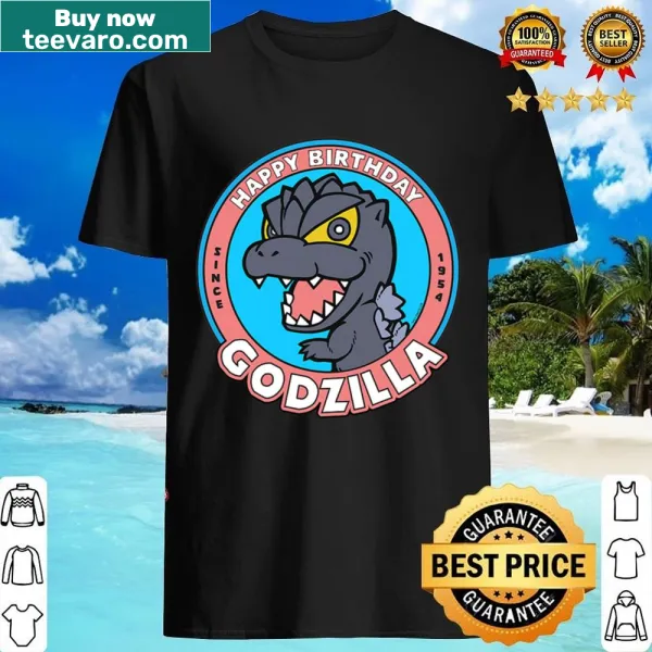 Cartoon Godzilla celebrating a birthday on a fun shirt