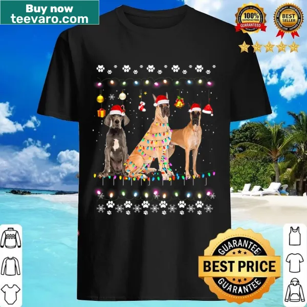 Whimsical Christmas shirt featuring a Great Dane with Santa and lights