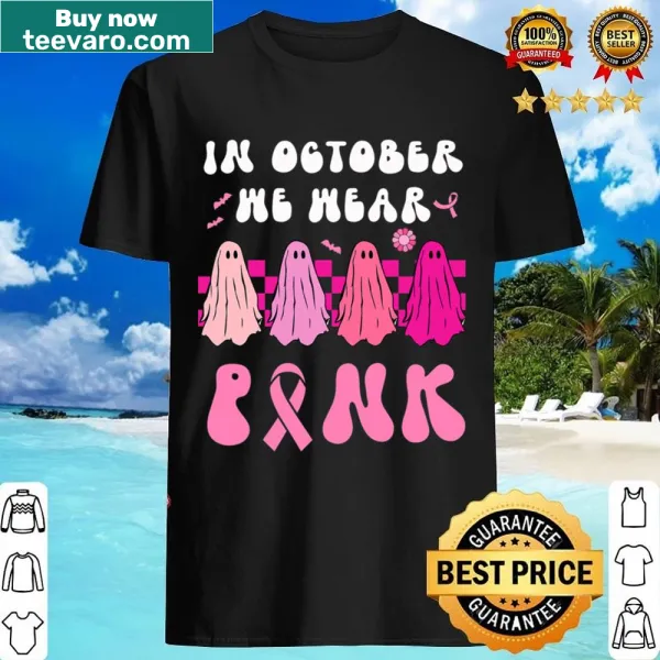 Playful ghost graphic Halloween shirt supporting breast cancer awareness