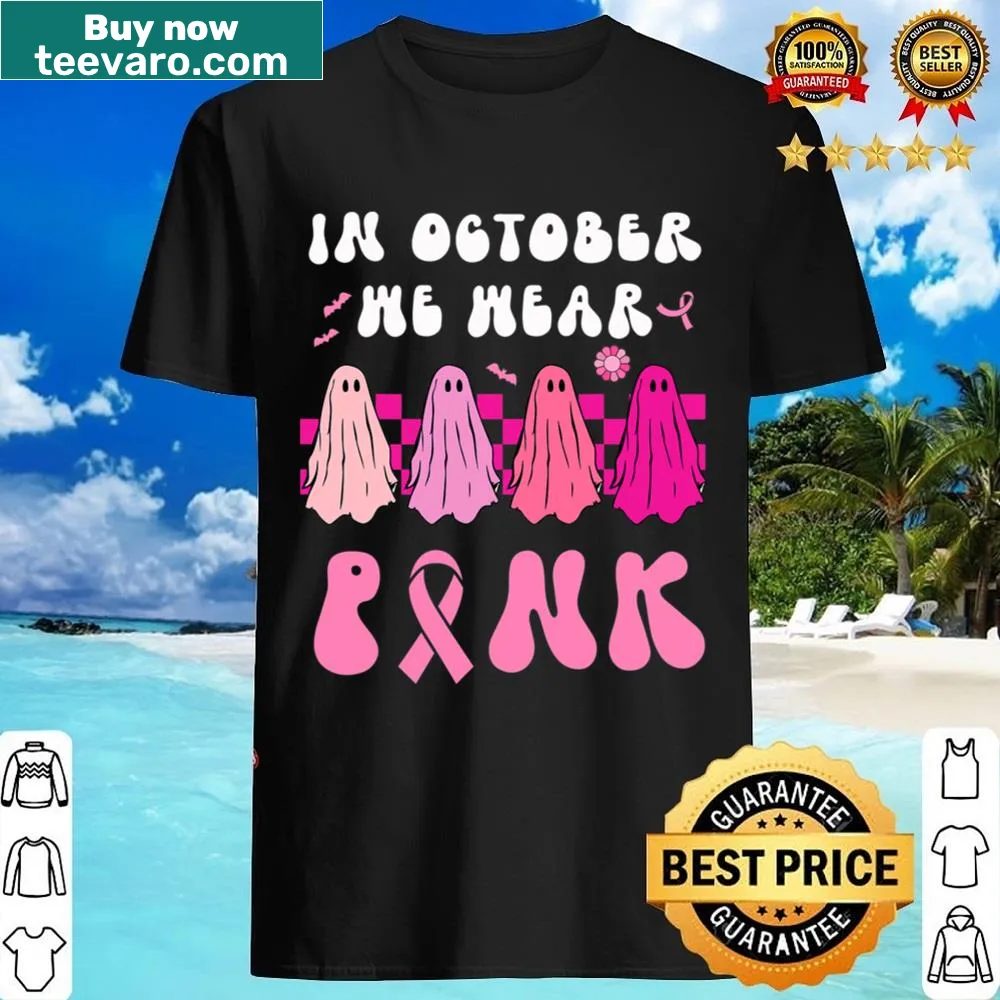 Playful ghost graphic Halloween shirt supporting breast cancer awareness
