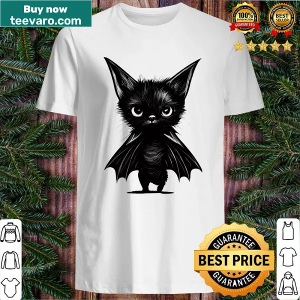Cute grumpy black kitten in bat costume graphic shirt