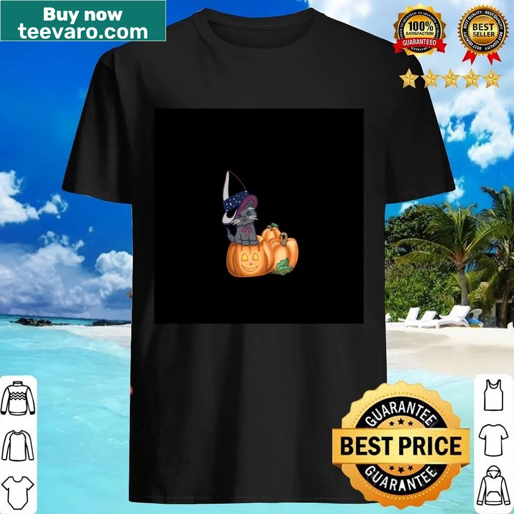 Cute Halloween shirt with a grey cat on jack-o'-lanterns.