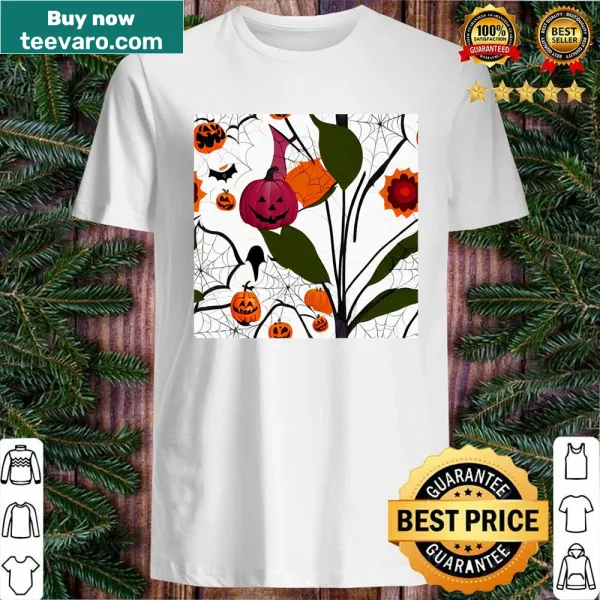 Halloween themed t-shirt featuring a pumpkin and flower pattern