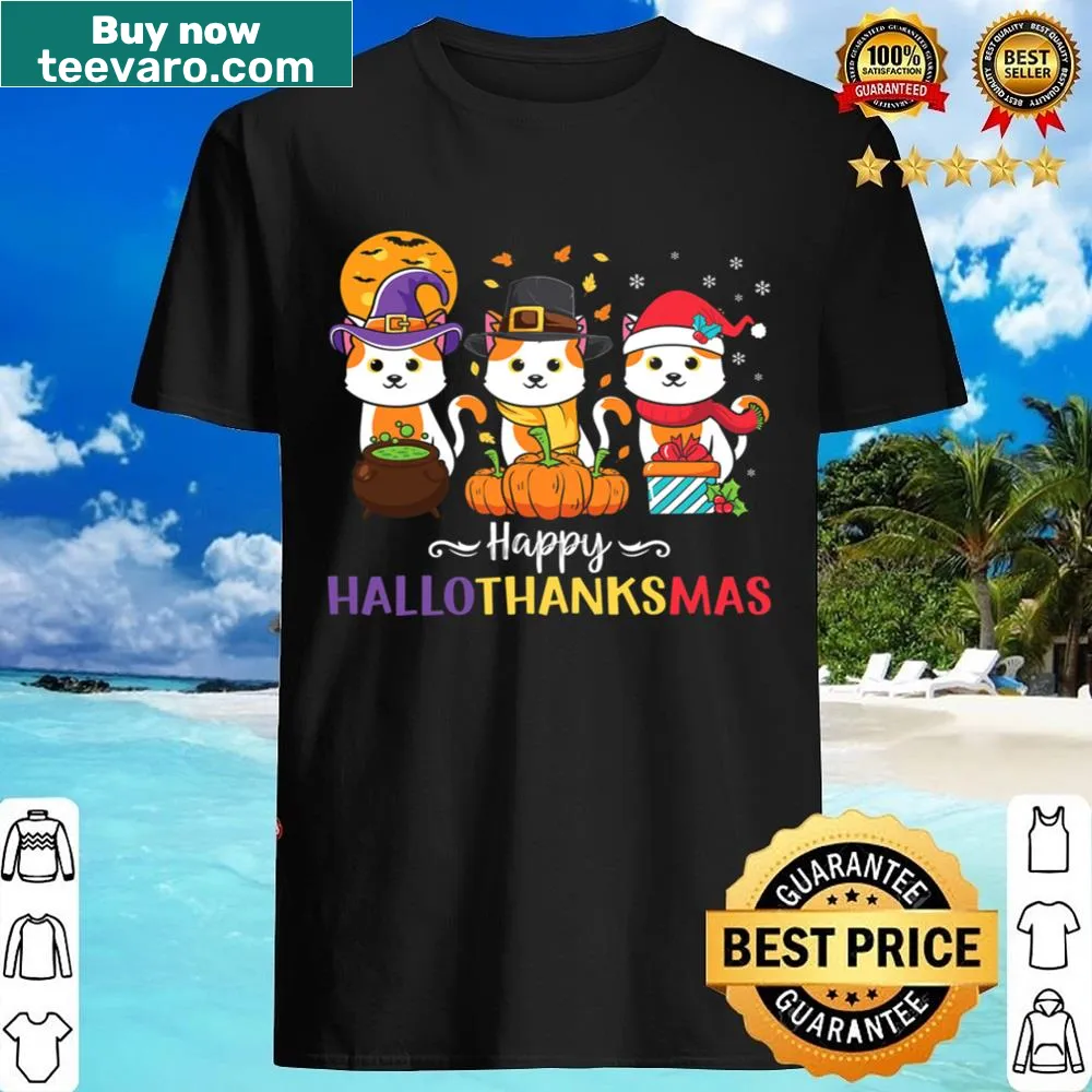 Festive shirt featuring cats celebrating Halloween, Thanksgiving, and Christmas