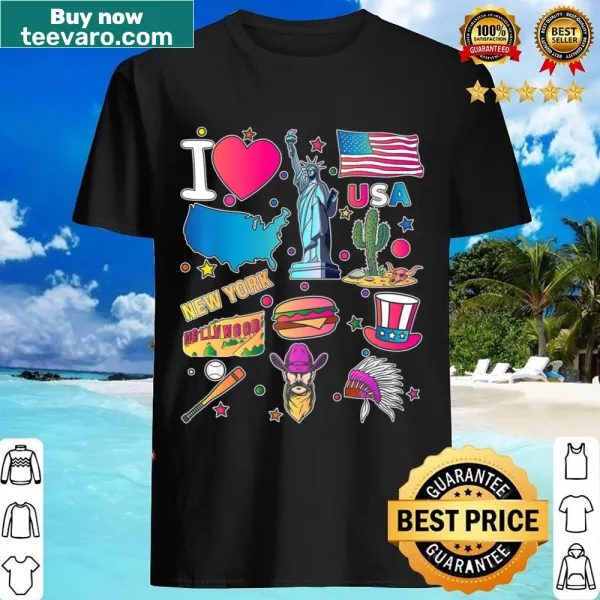 Illustrated shirt featuring hand-drawn American travel symbols and cultural icons.