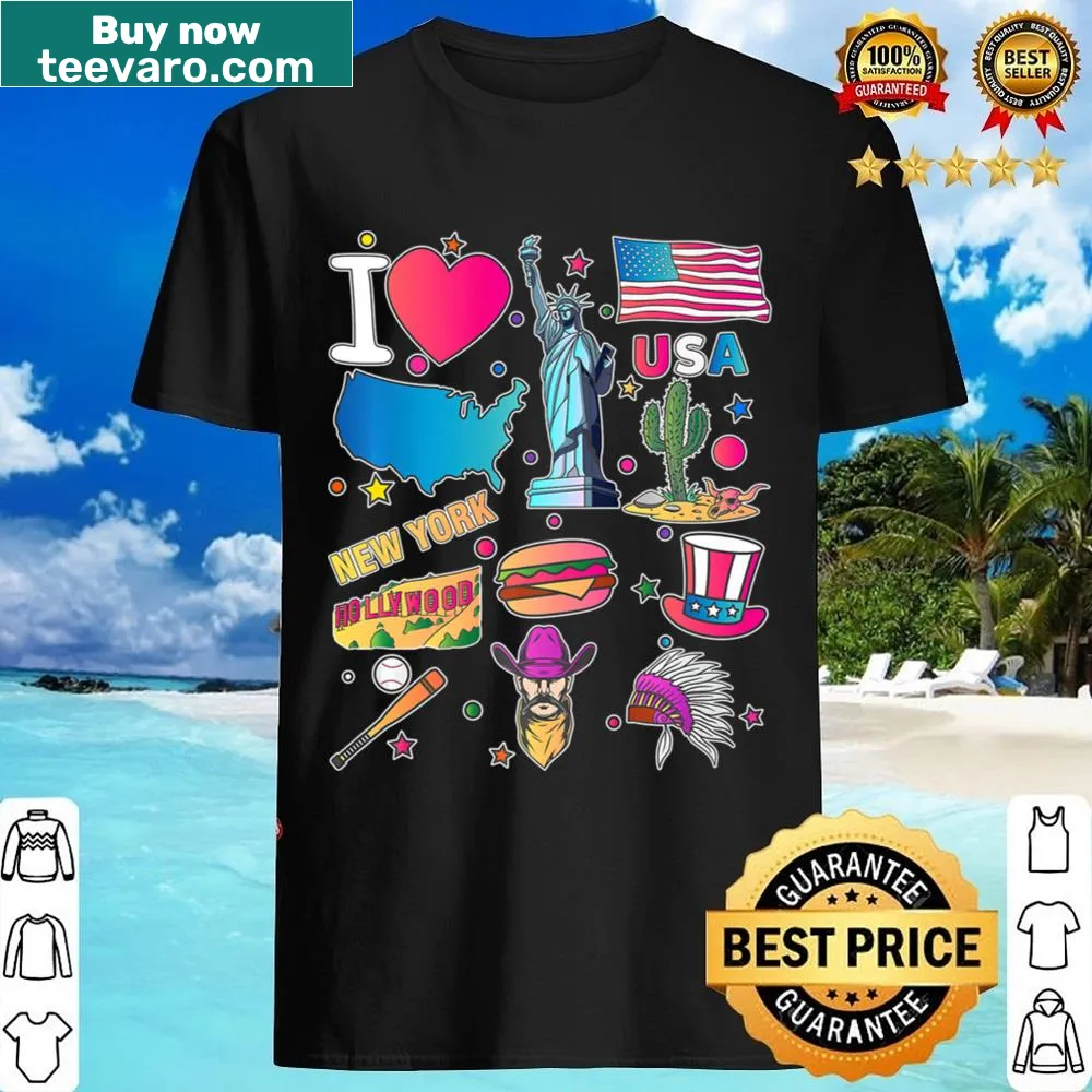Illustrated shirt featuring hand-drawn American travel symbols and cultural icons.