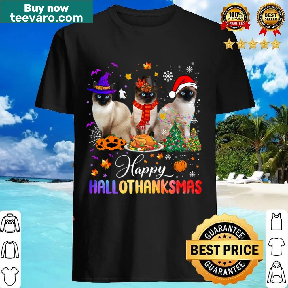 Siamese cat illustration celebrating Halloween, Thanksgiving, and Christmas on a shirt