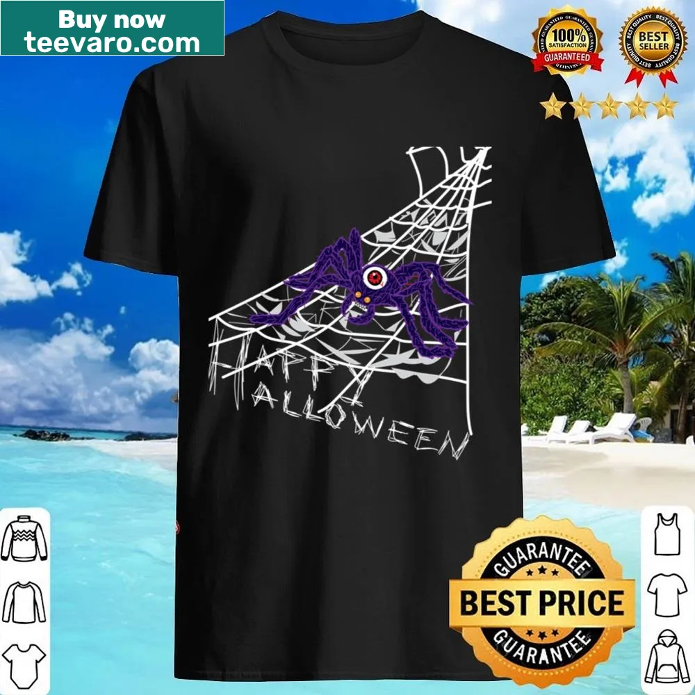 Eerie Halloween shirt with a giant spider, spiderwebs, and a monster eyeball.