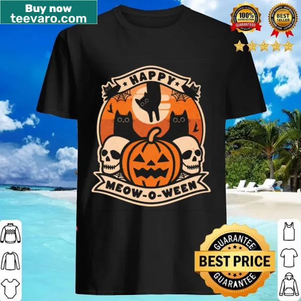 Cute cats in costumes for Meowoween on a festive shirt