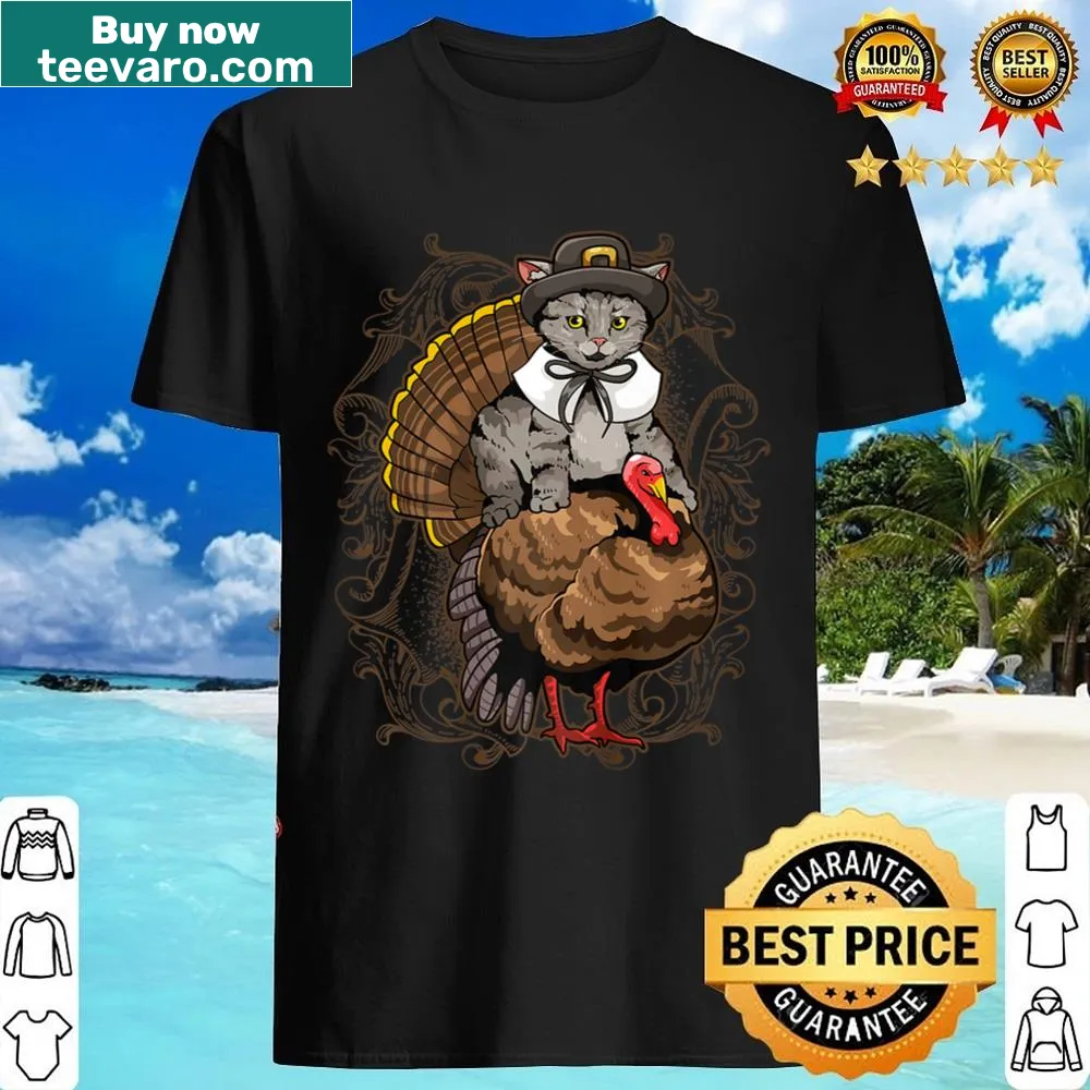 Cartoon pilgrim cat Thanksgiving shirt with turkey design