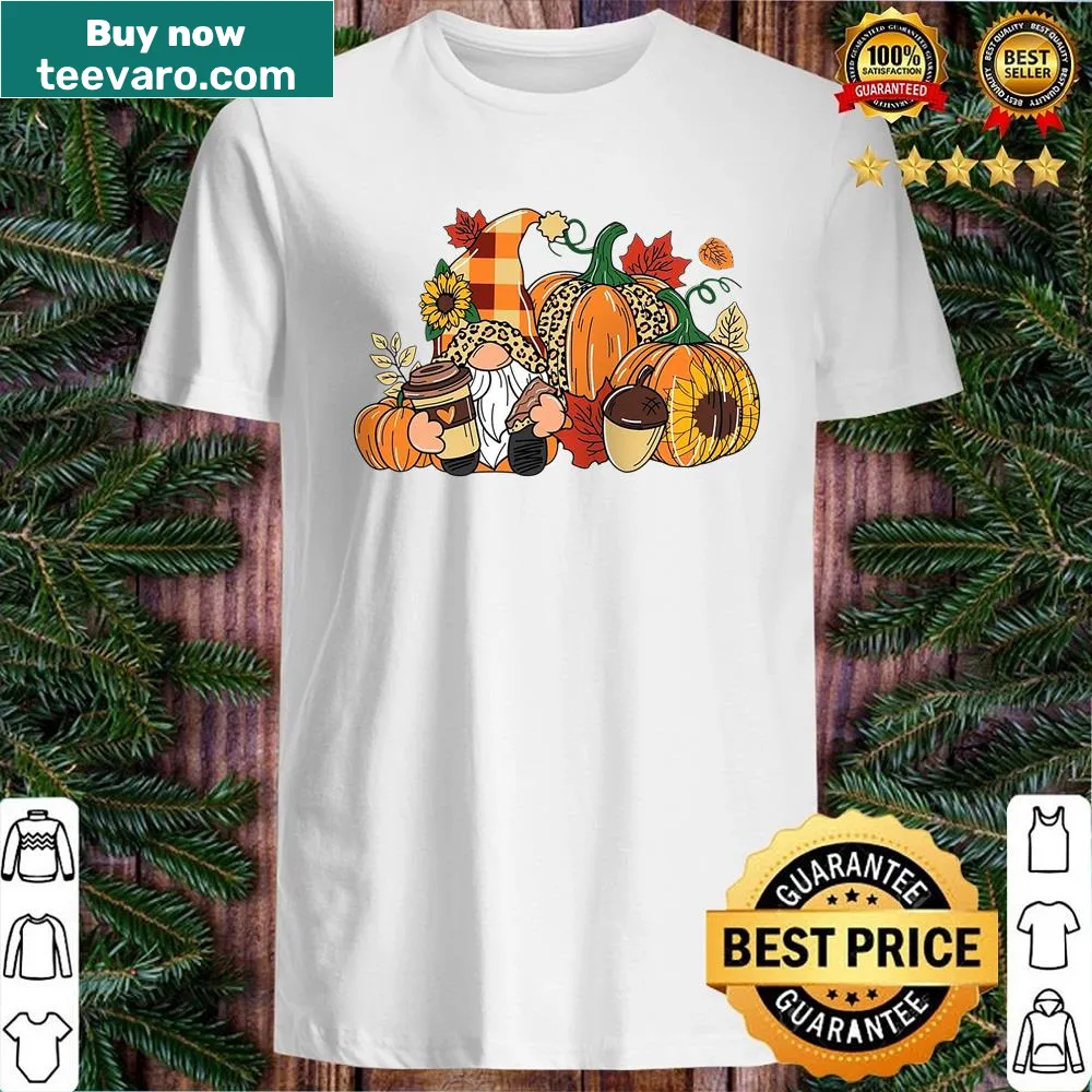 Funny Thanksgiving shirt featuring a gnome with pumpkins and autumn leaves