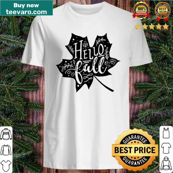 Illustration of falling leaves with 'Hello Fall' text