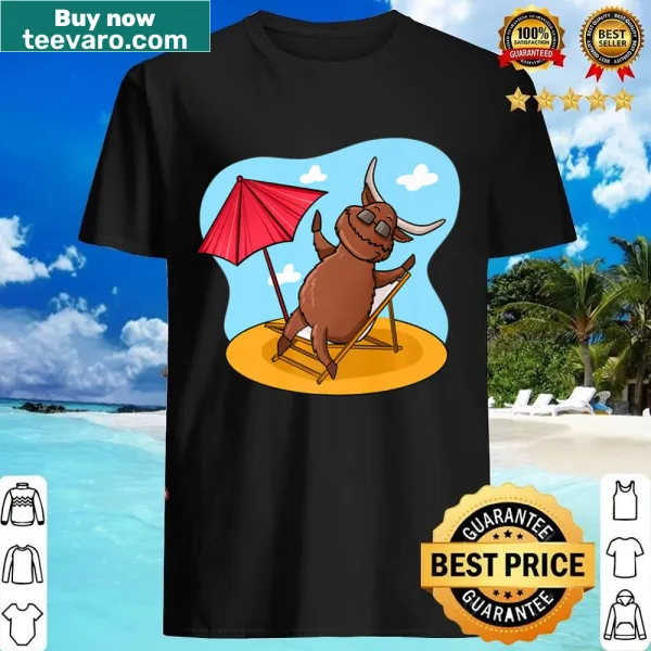 Cartoon-style shirt featuring a Highland cow at the beach.