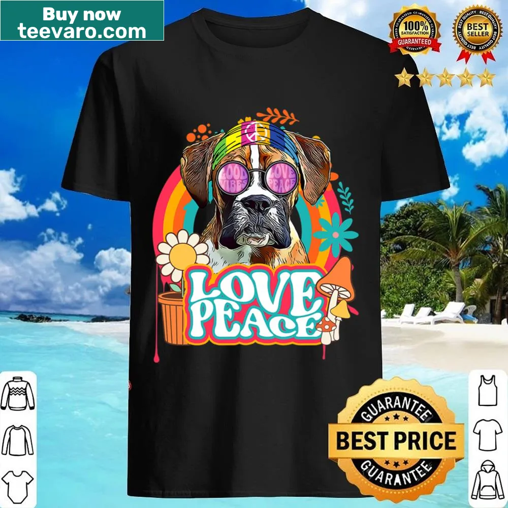 Retro shirt featuring a boxer dog with peace signs and love theme