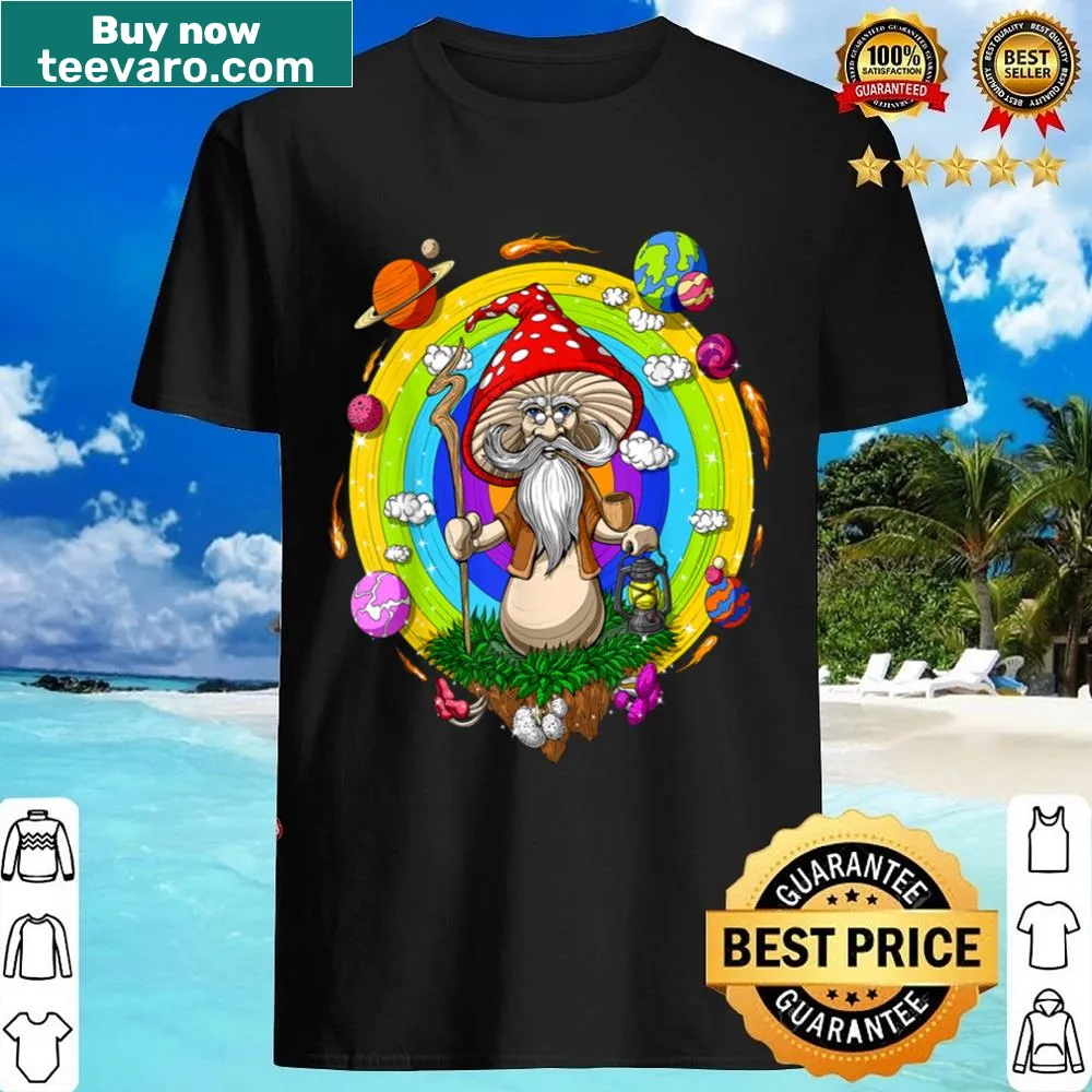 Illustrative festival shirt with a wizard and mushrooms design