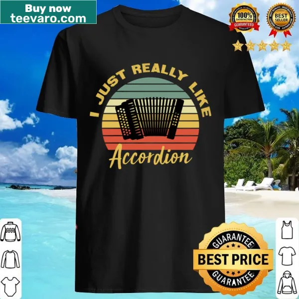 Retro-style shirt featuring a playful accordion graphic and fun text