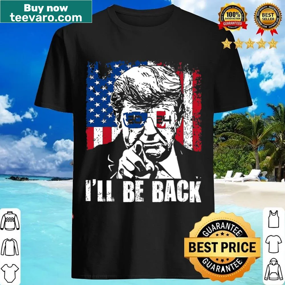Patriotic shirt featuring 'I'll Be Back Trump 2024' and American flag design