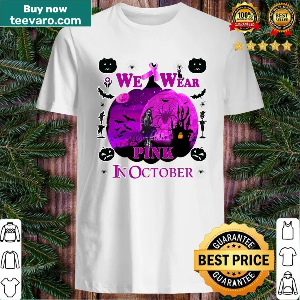 Whimsical Halloween shirt with a pink ribbon and witch illustrations