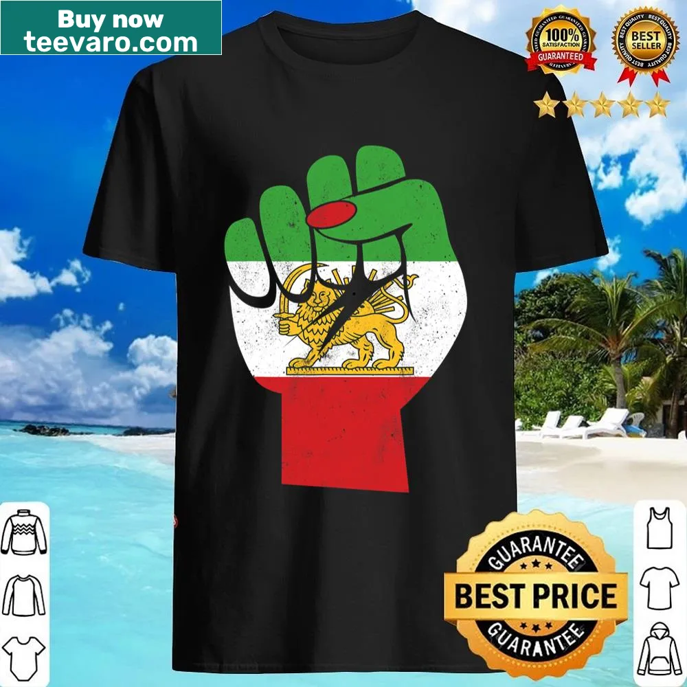 Shirt featuring Iranian flag with female fist and lion sun emblem