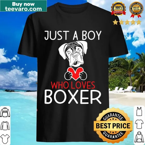 Shirt featuring a boy and a Boxer dog illustration