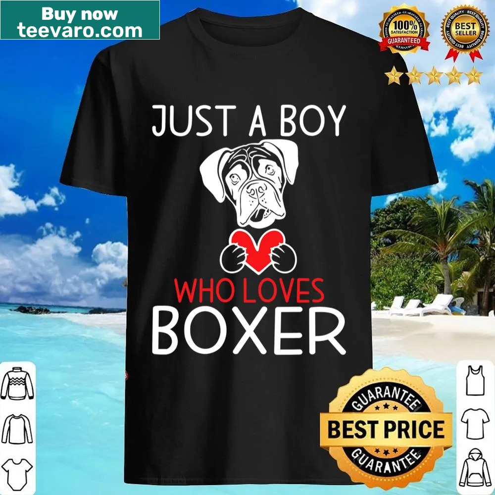 Shirt featuring a boy and a Boxer dog illustration