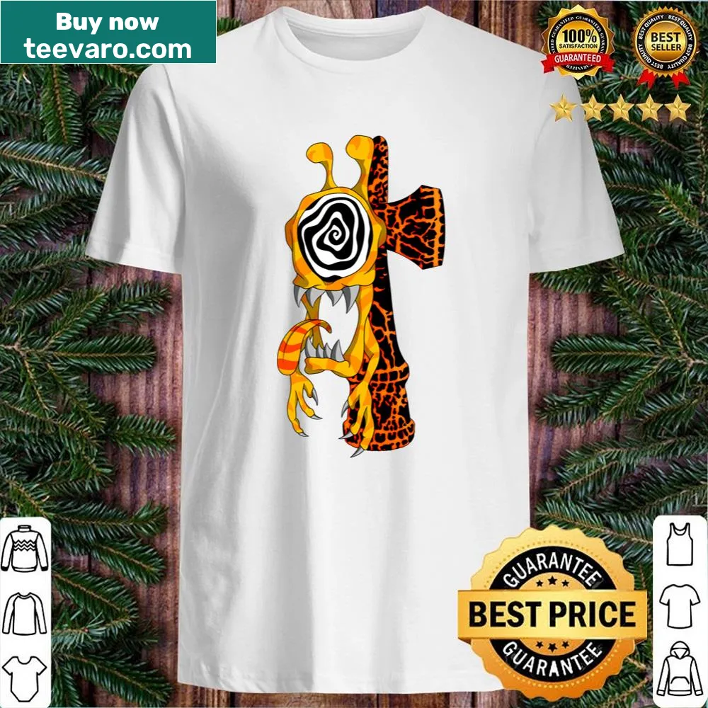 Cartoon cyclops catching a kendama on a playful t-shirt