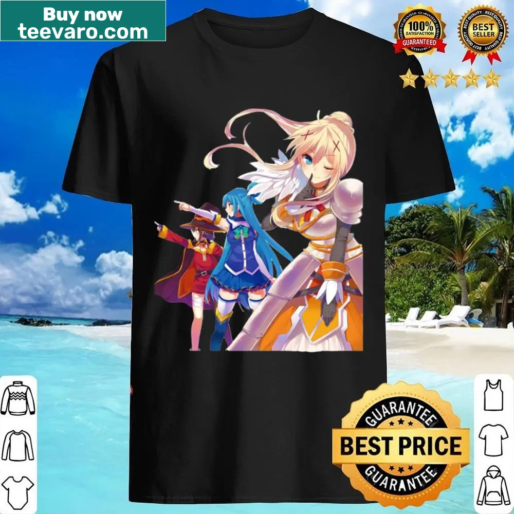 Illustration of Aqua, Darkness, and Megumin from Konosuba on a shirt