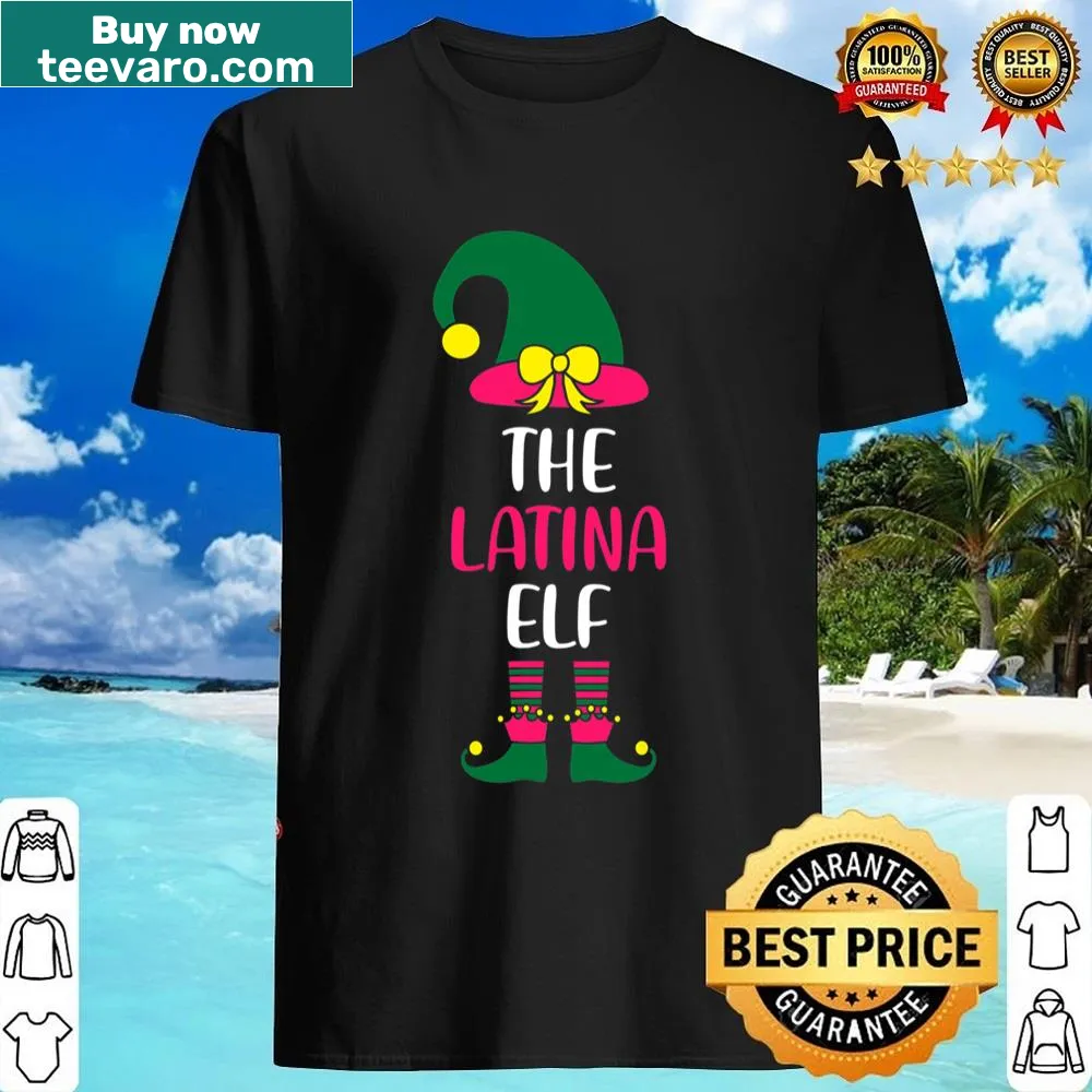 Latina elf illustration on matching family Christmas pajama shirt