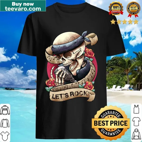 Retro rock concert shirt with skeleton hand graphic.
