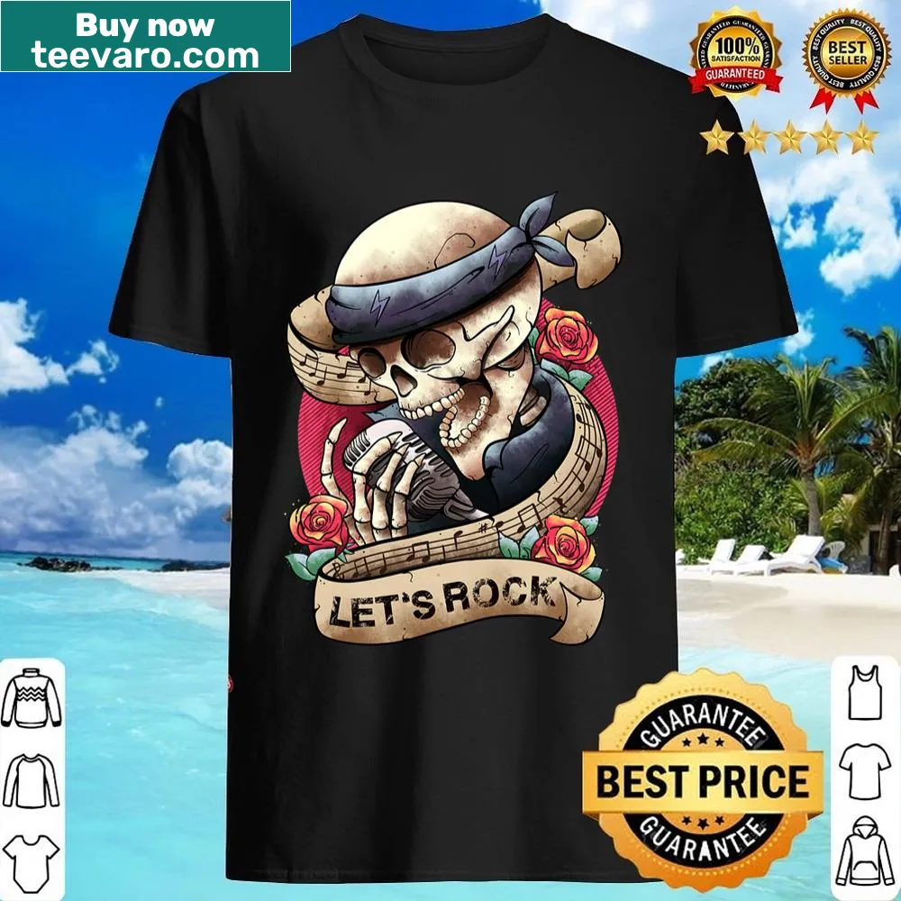 Retro rock concert shirt with skeleton hand graphic.