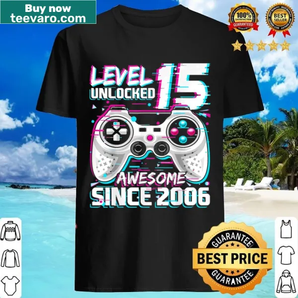 Graphic shirt with text 'Level 15 Unlocked' celebrating gaming milestones