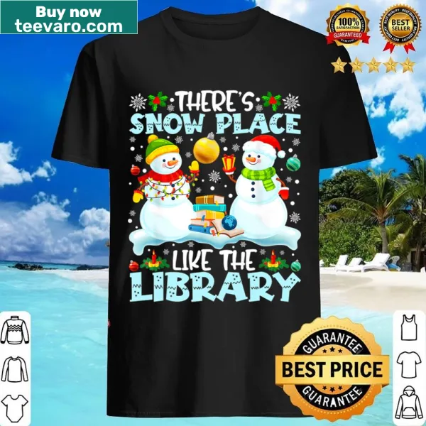 Christmas shirt for librarians featuring a library and winter scene.