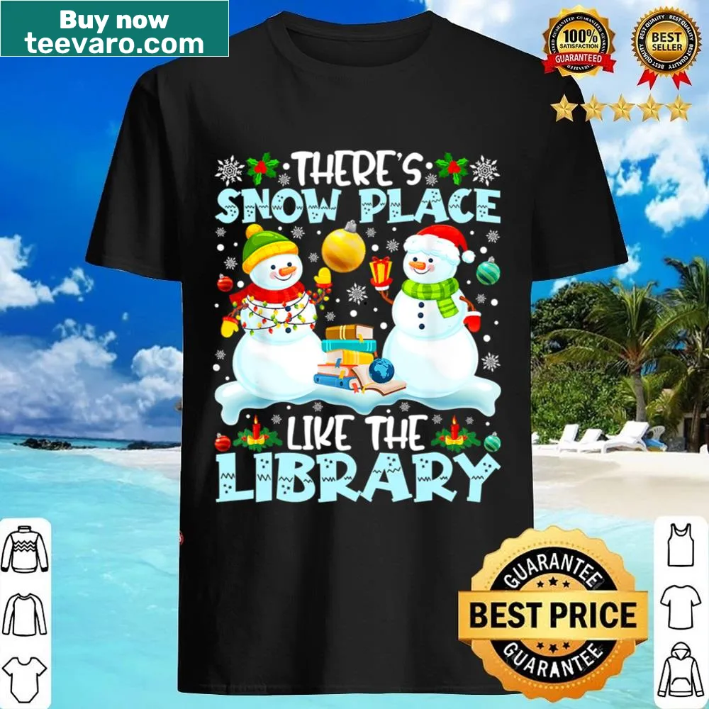 Christmas shirt for librarians featuring a library and winter scene.