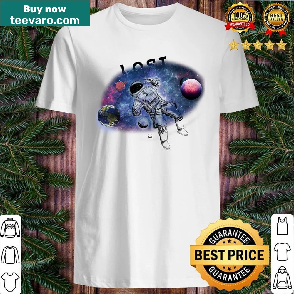 Abstract typography shirt with the phrase 'Lost In This Univers'