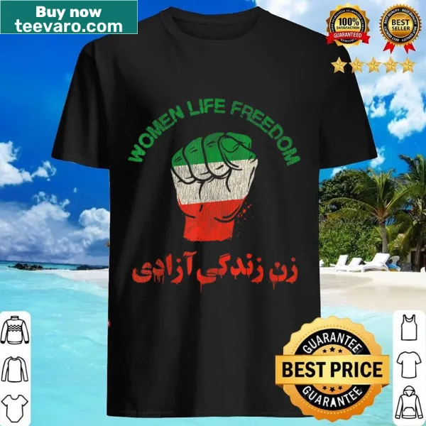 Shirt featuring repeated text 'Mahsa Amini' as a symbol of freedom.