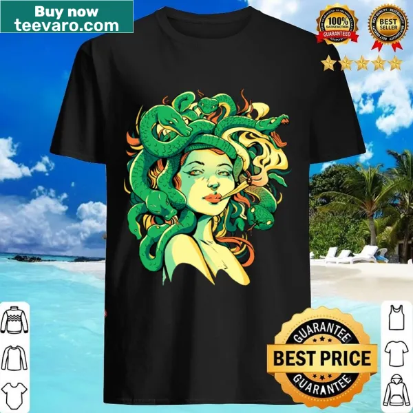 Medusa illustration with snakes and smoke on essential shirt