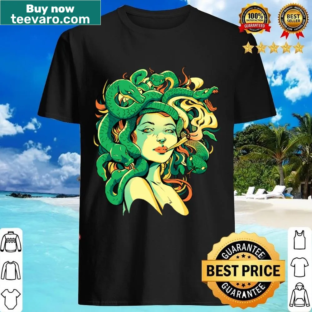 Medusa illustration with snakes and smoke on essential shirt