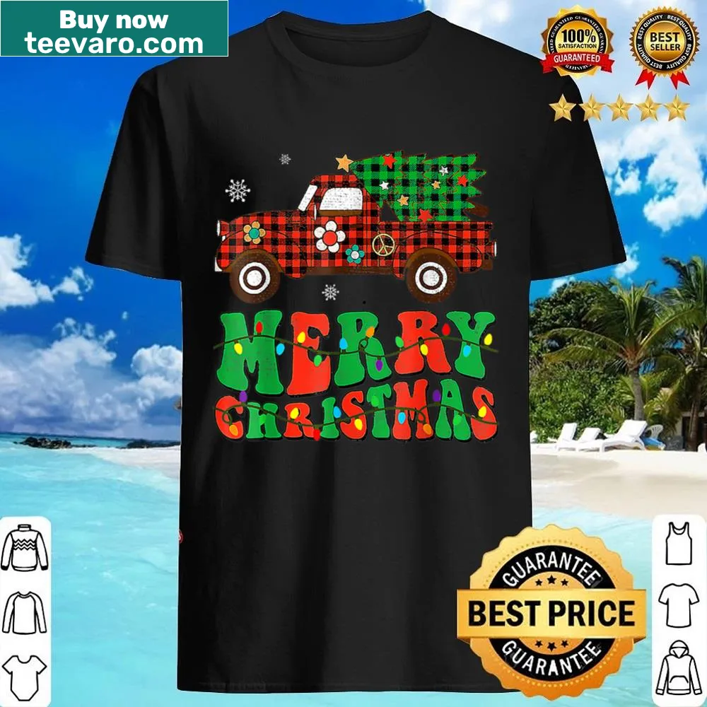Festive shirt with a buffalo truck carrying a Christmas tree design