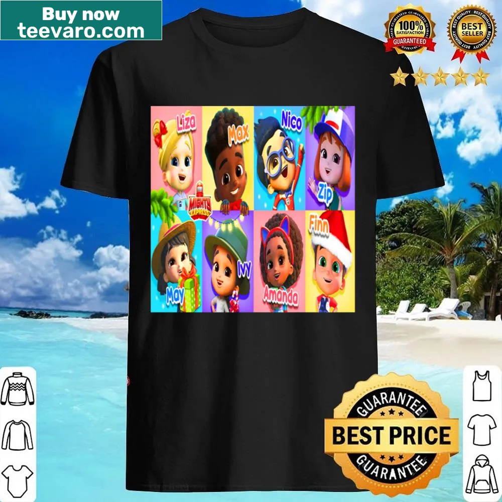Shirt featuring character names from Mighty Express: Liza, Max, Nico, and others.