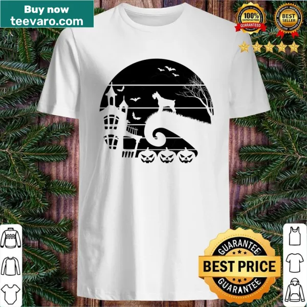 Vintage-style Halloween shirt featuring a schnauzer in costume under the moon.