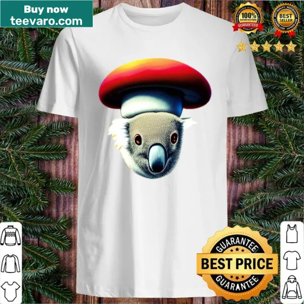 Adorable t-shirt with a koala wearing a mushroom hat illustration
