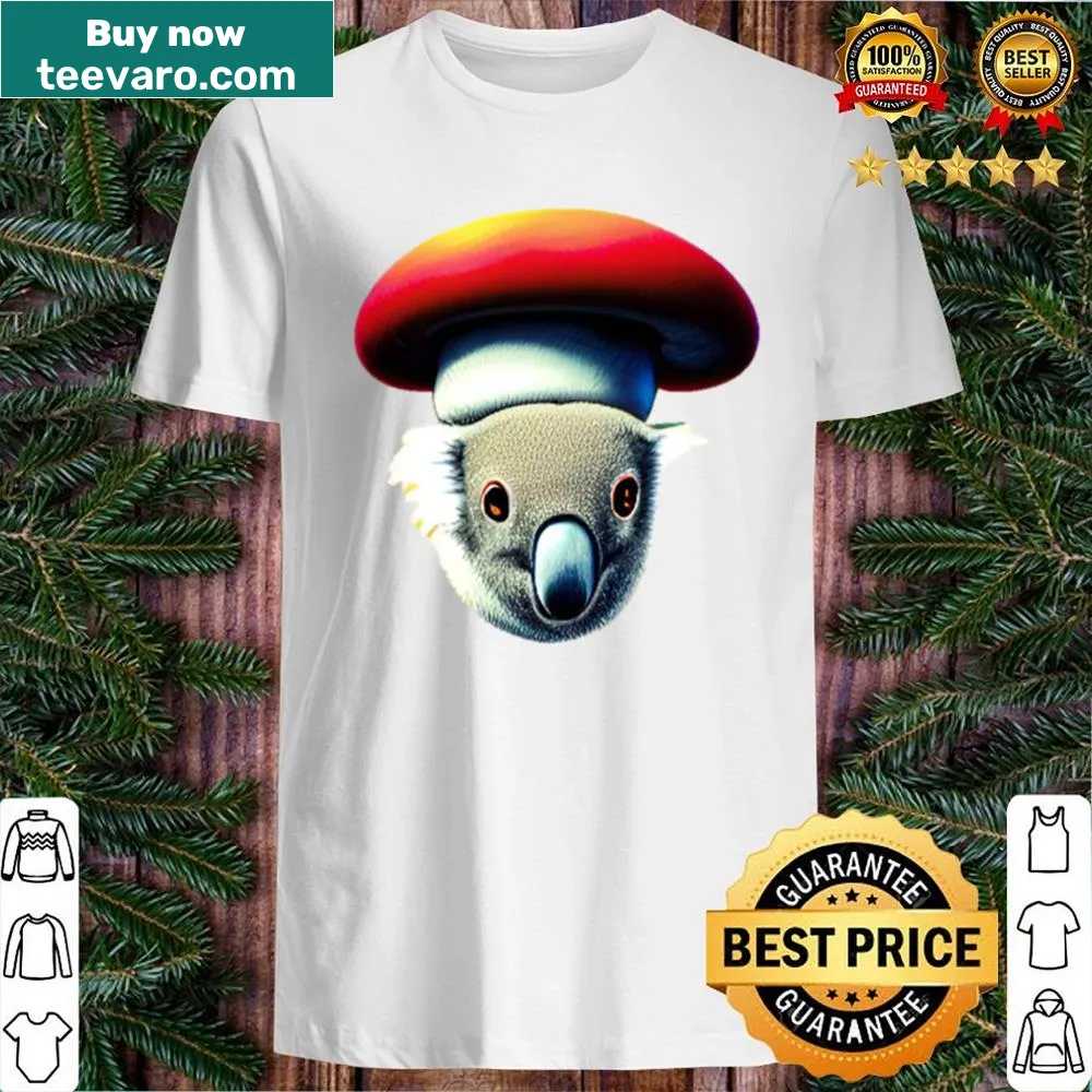 Adorable t-shirt with a koala wearing a mushroom hat illustration
