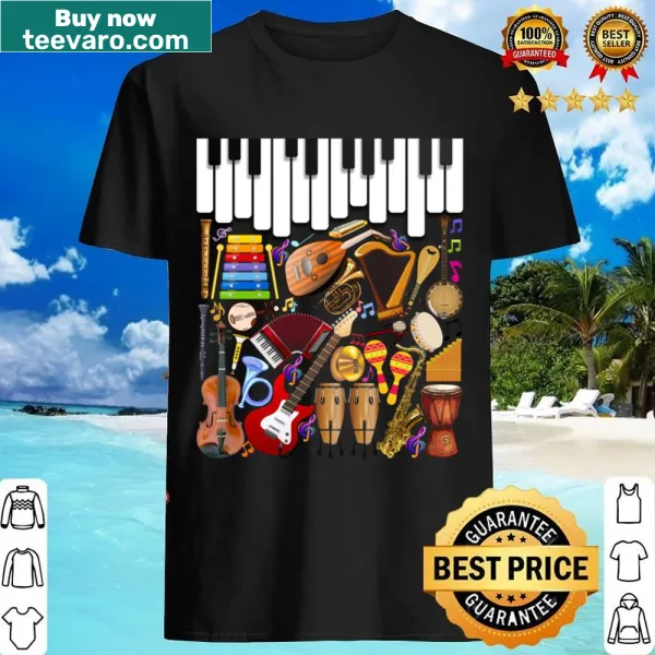 Playful typography celebrating musical instruments on a shirt