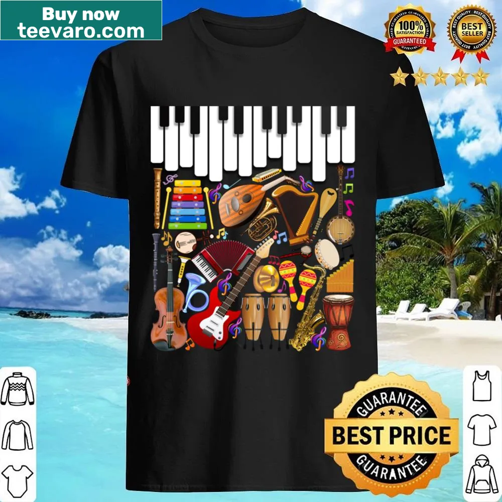 Playful typography celebrating musical instruments on a shirt