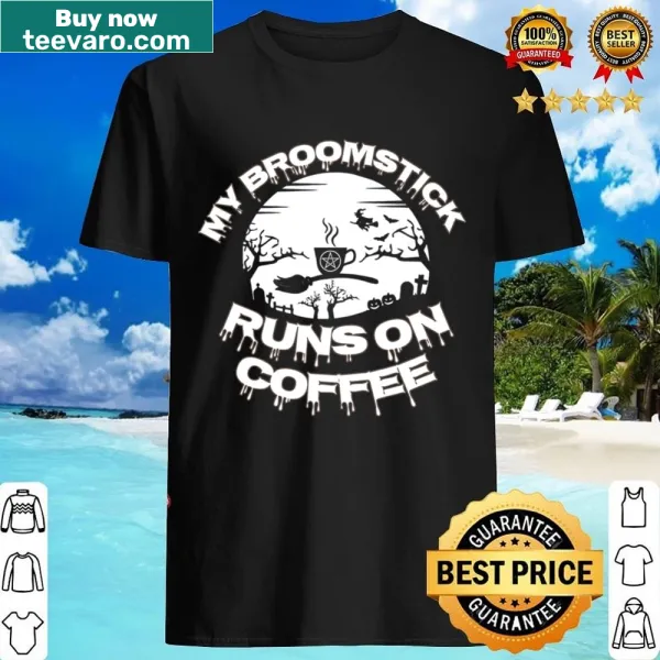 Funny Halloween shirt with coffee theme and broomstick graphic
